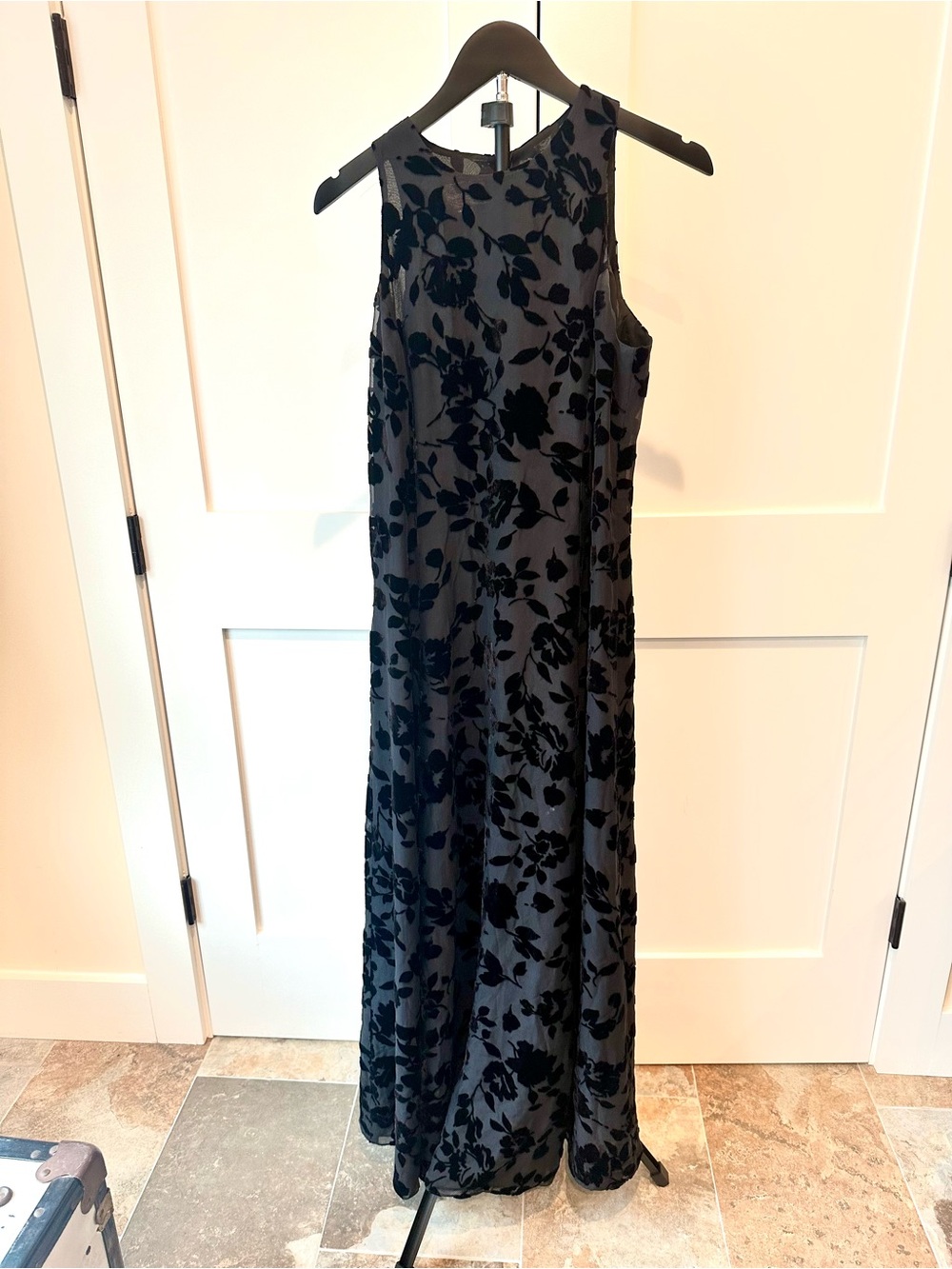 Vintage Jones New York Black Sheer Velvet Floral Maxi Dress 90s Formal